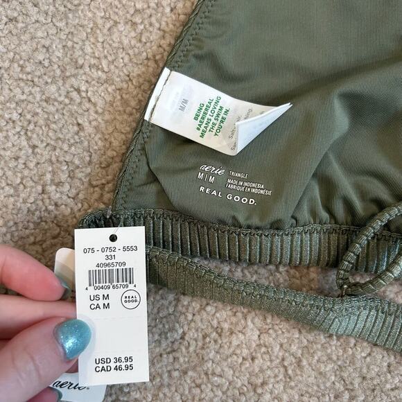 NWT Aerie Shine Rib Plunge Bikini Top Olive Fun Swim Surf Paddle Beach Size M - Picture 5 of 5